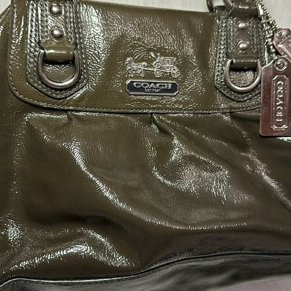 Coach Madison Sabrina Satchel Olive Green/Gray Authentic Patent Leather Purse